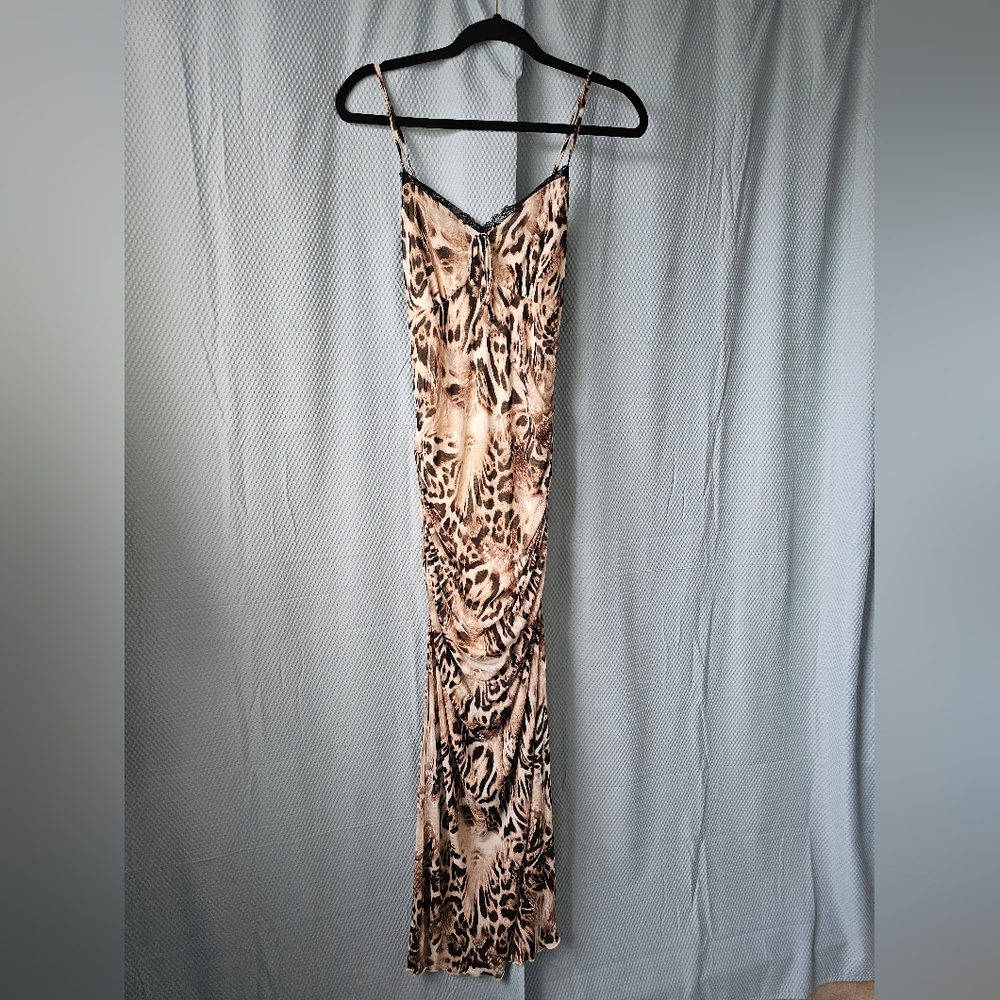 NWT - Long Mesh Animal Print Maxi Dress with Black Lace- Lined - Size Small